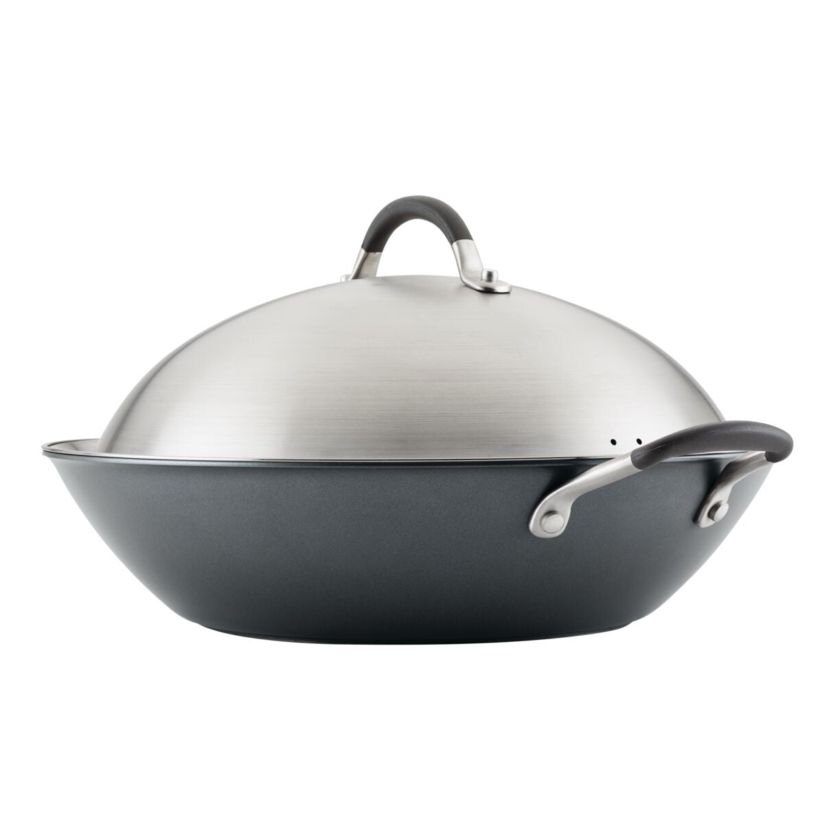 14-Inch A1 ScratchDefense™ Wok with Lid, nonstick with black handles.