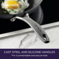 12-Inch Frying Pan: ScratchDefense™ handle, cooking an egg on a stovetop.