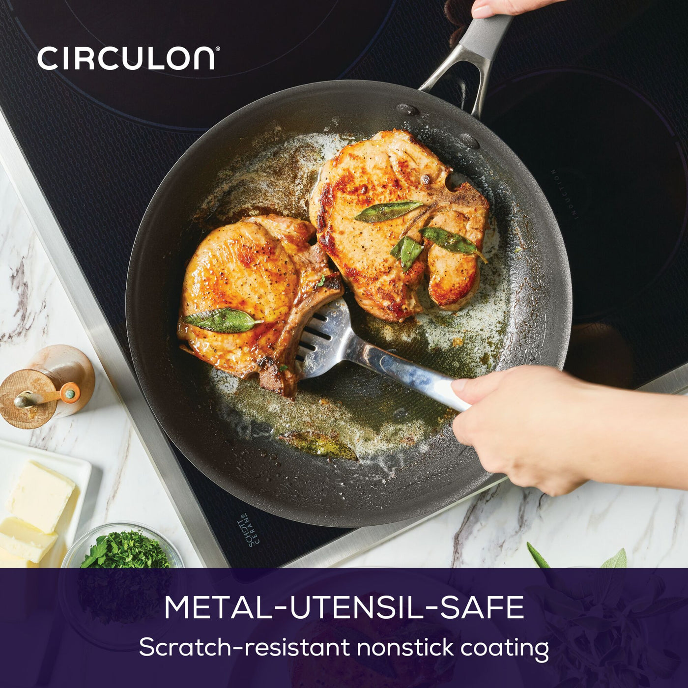 Cooking chicken in a 12" ScratchDefense™ pan on an induction stove.