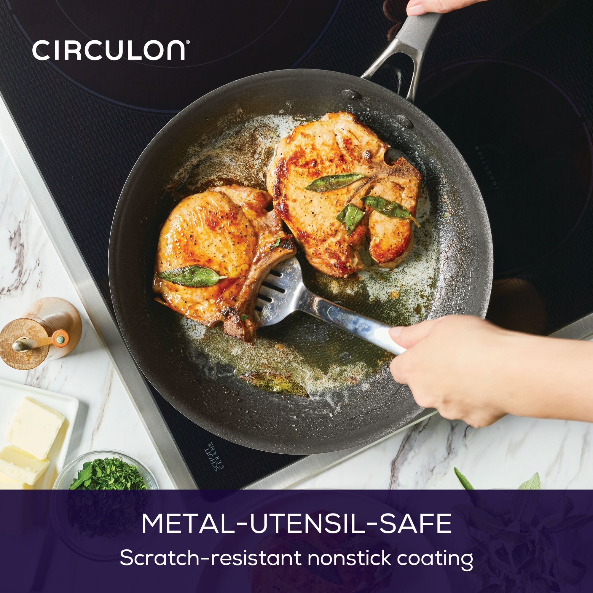 Cooking chicken in a 12" ScratchDefense™ pan on an induction stove.