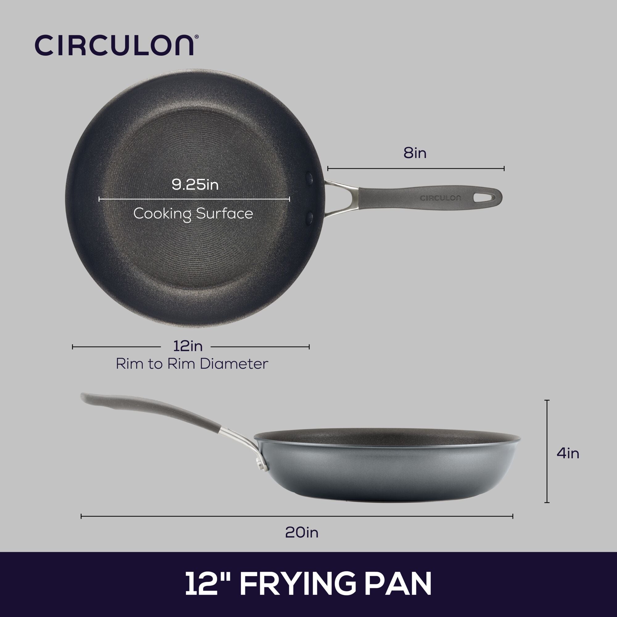 12-Inch Frying Pan: ScratchDefense™ nonstick surface with labeled dimensions.
