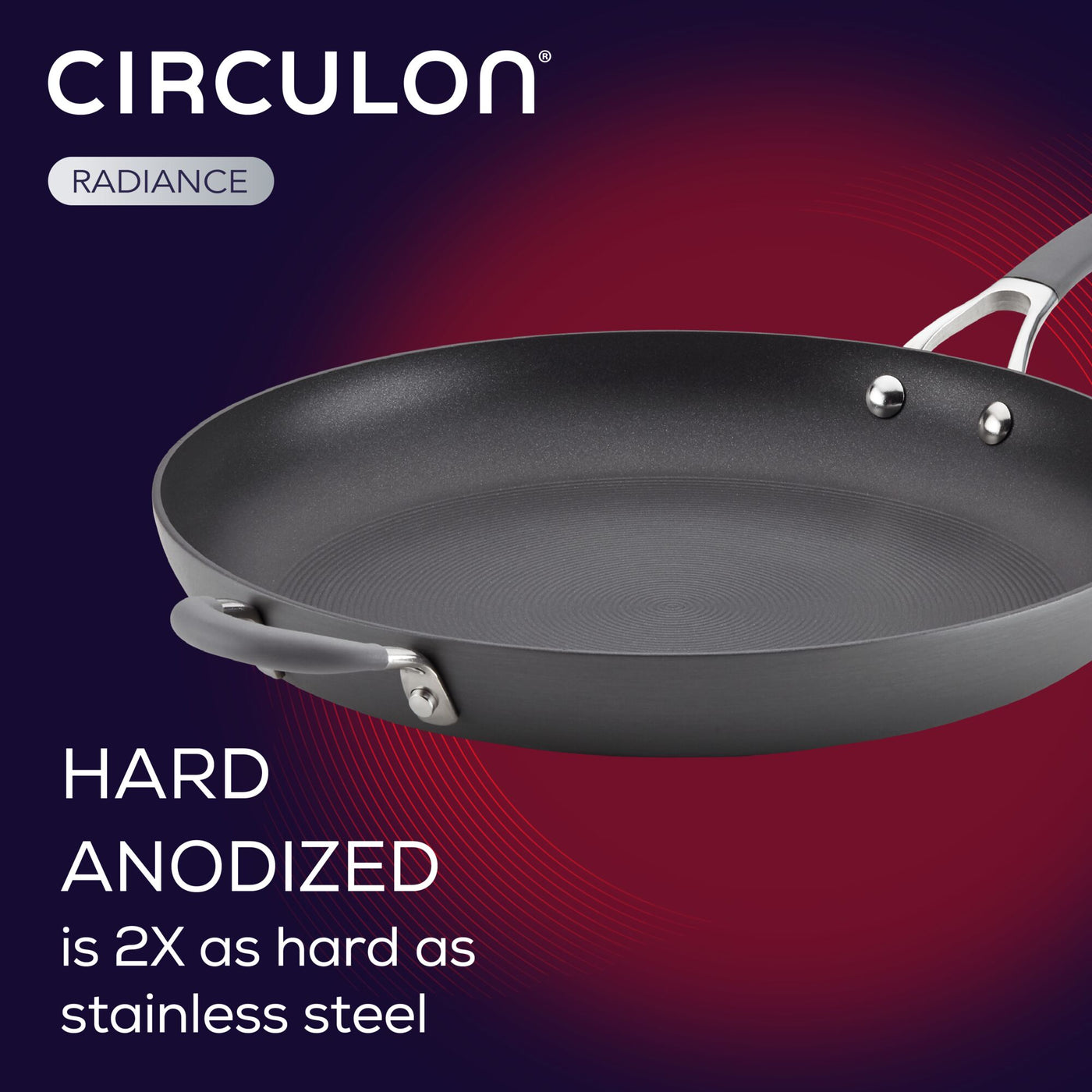 A hard-anodized frying pan with text about its durability and brand details.