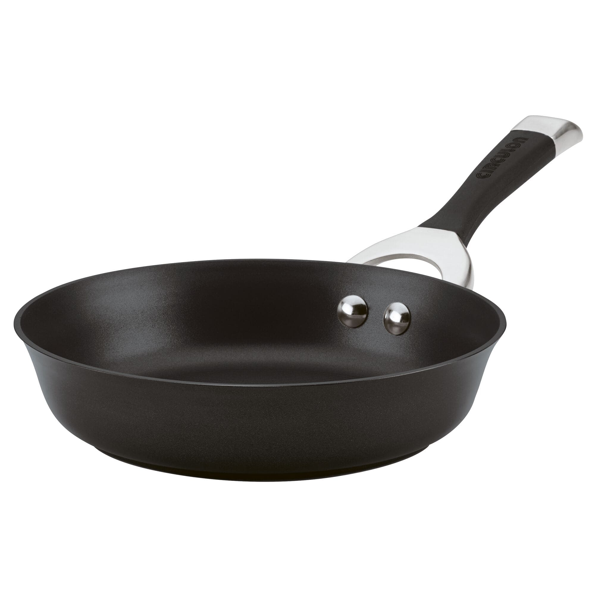 Black frying pan with a metal handle on a white background.
