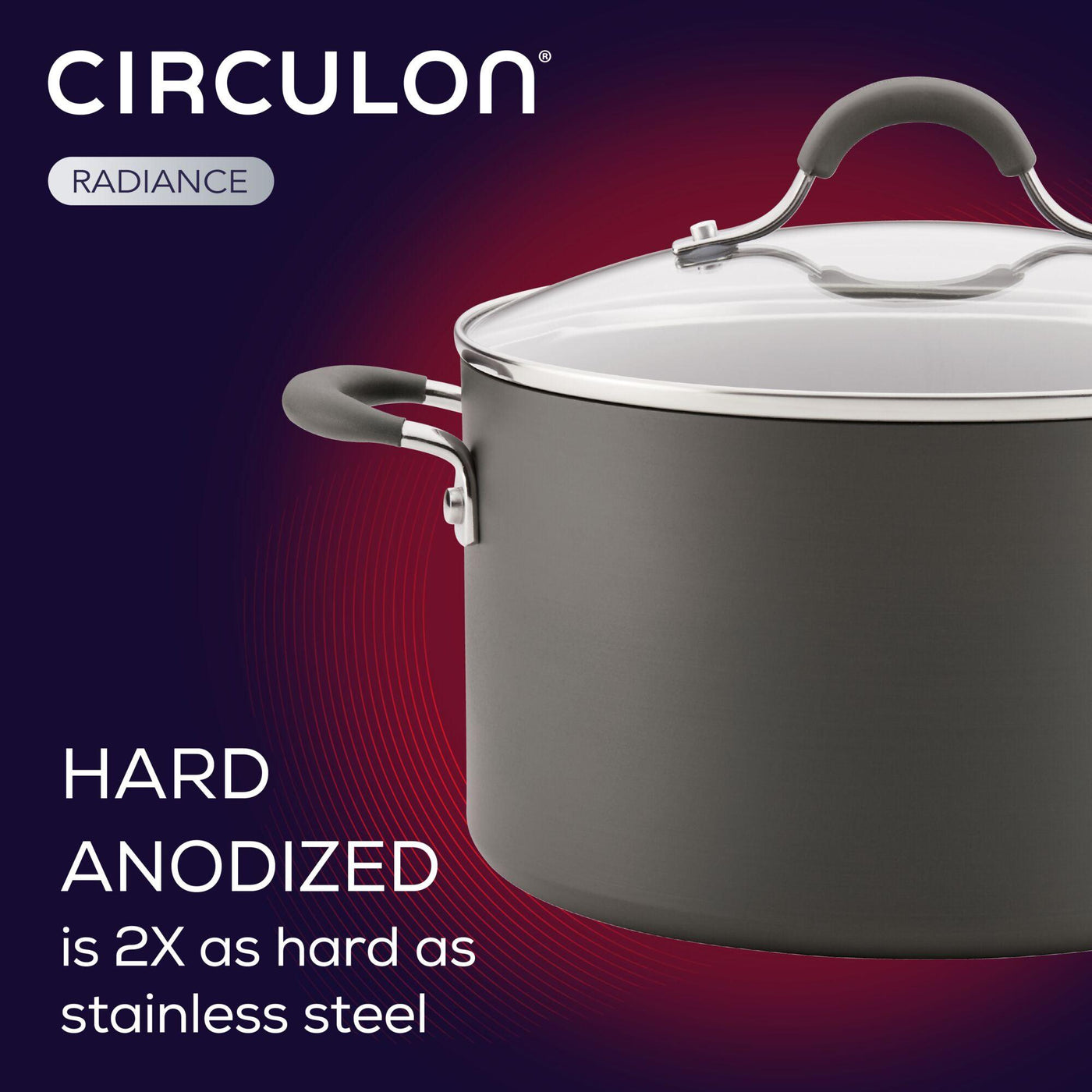 The 3-Piece Nonstick Frying Pan Set by Circulon showcases its sophisticated aesthetics with a sleek pan design, complete with the brand logo and text elegantly displayed against a gradient backdrop.