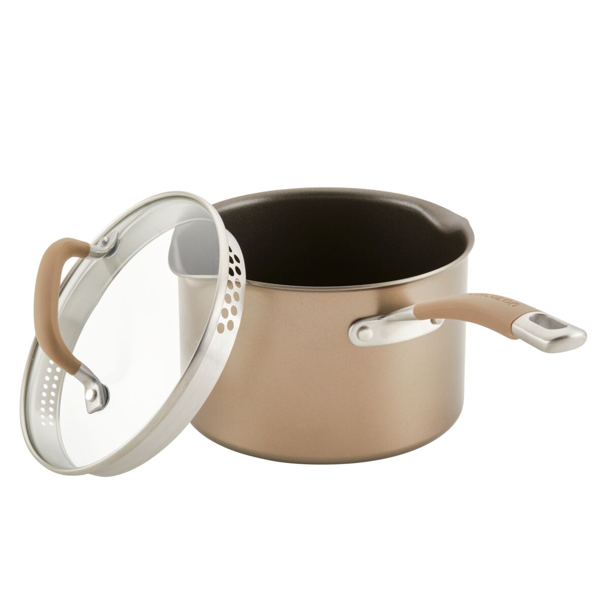 The brown pot with tan handles and a glass lid slightly ajar is a timeless staple from the 8-Piece Nonstick Cookware Set, making it an essential part of any professional cookware collection.