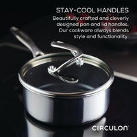 Stainless steel saucepan on a stovetop with "stay-cool" handles text.