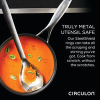 Pan with tomato soup and metal utensils, with text about utensil safety.