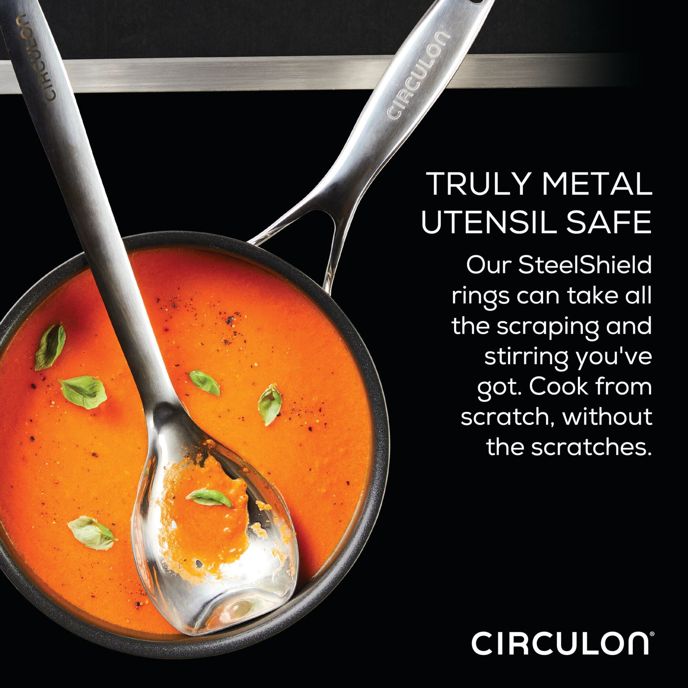 A spoon in a pot of tomato soup with utensil-safe text by Circulon.
