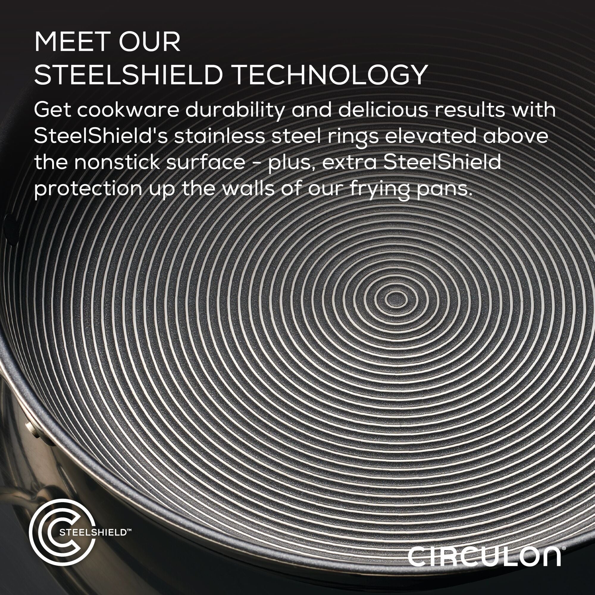 Close-up of a frying pan with SteelShield technology and circular design.