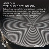 Close-up of cookware with circular stainless steel rings and text overlay.