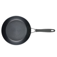 Non-stick frying pan with a black surface and a gray handle.