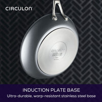 Frying pan with induction plate base, circled by a textured background.