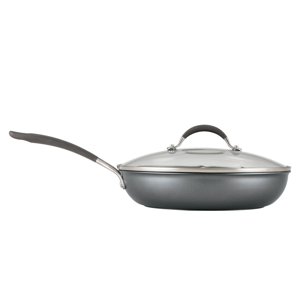 Non-stick frying pan with glass lid and black handle, side view.