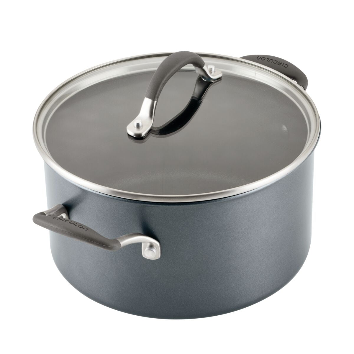Gray Circulon A1 Series pot, glass lid, ScratchDefense™ handles included.