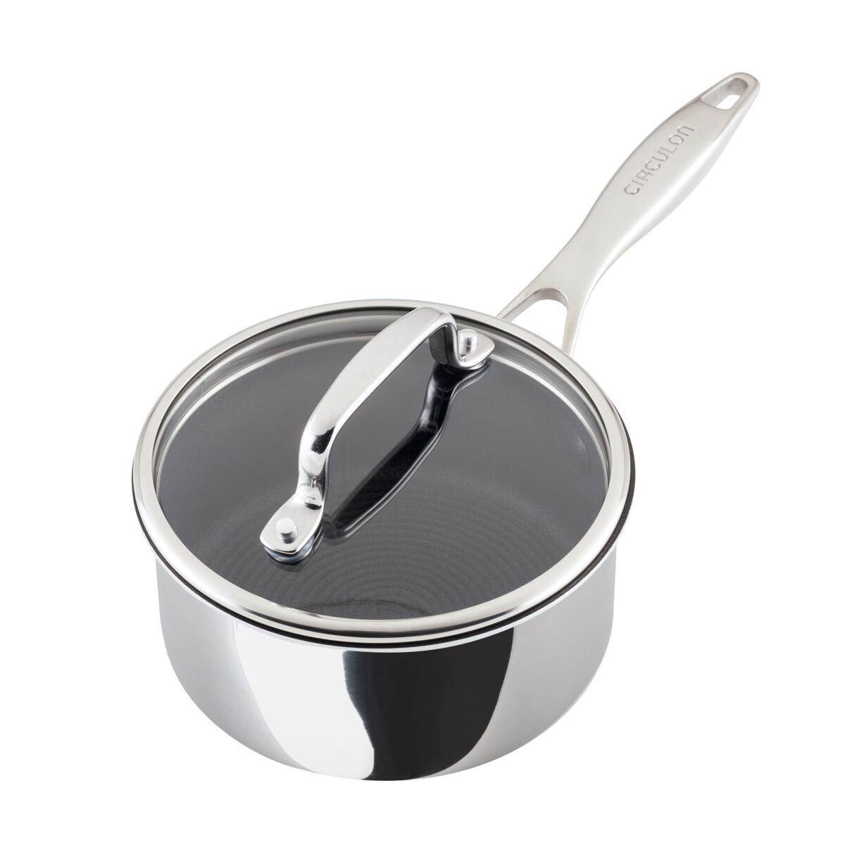 A stainless steel saucepan with a glass lid and a long handle.