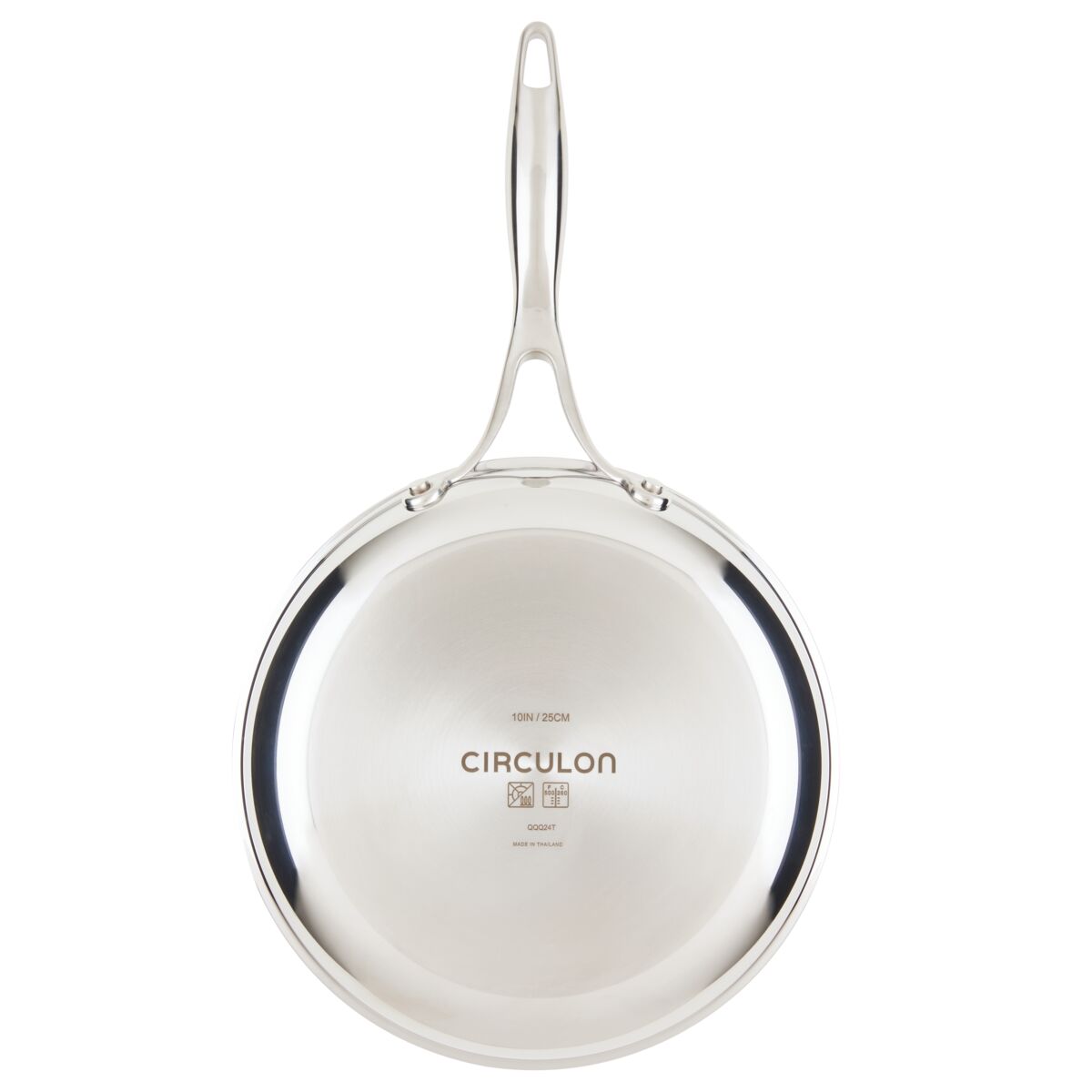 Silver Circulon frying pan viewed from the top.