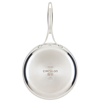 Stainless steel Circulon pan with handle, viewed from above.