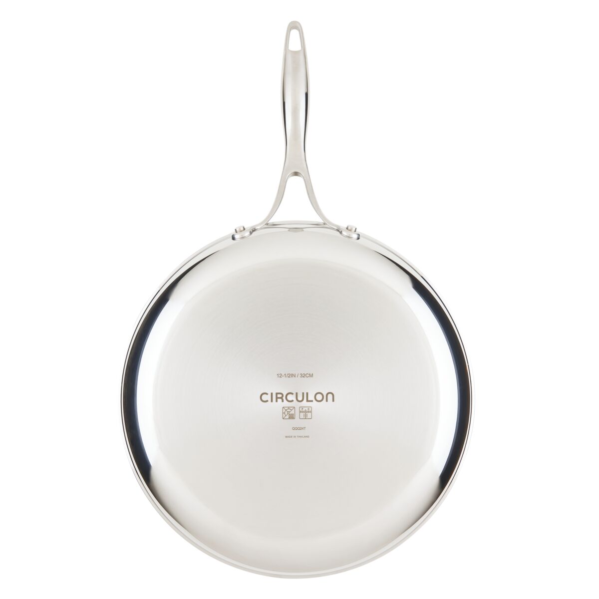 Stainless steel frying pan with a handle, seen from above.