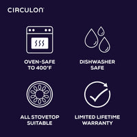 Icons indicate features: nonstick, oven-safe, ScratchDefense™, warranty.