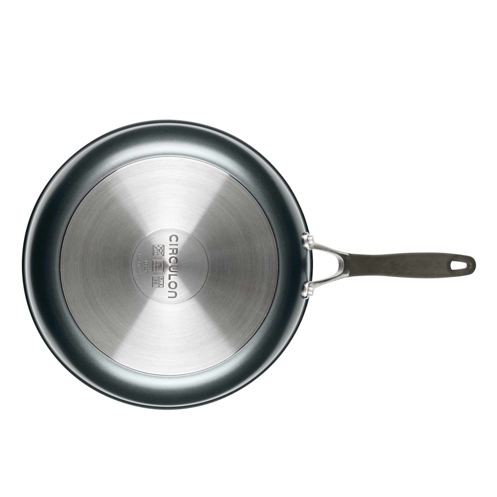 Top view of a silver non-stick frying pan with a black handle.