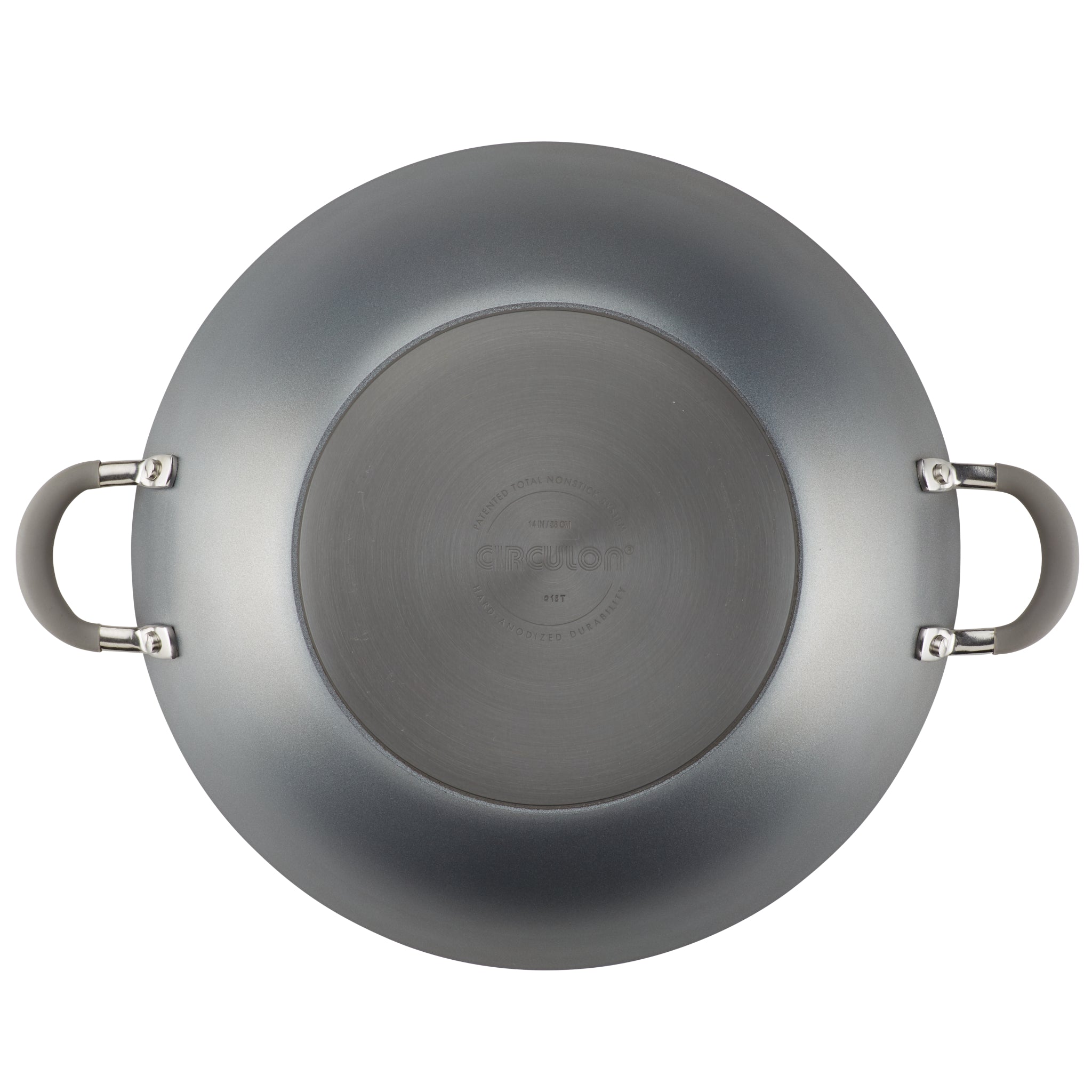 Bottom view of a non-stick frying pan with two handles.