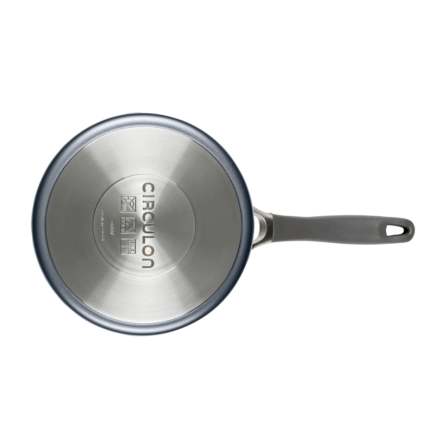 2-Quart A1 ScratchDefense™ Nonstick Sauce Pan, gray handle viewed from bottom.