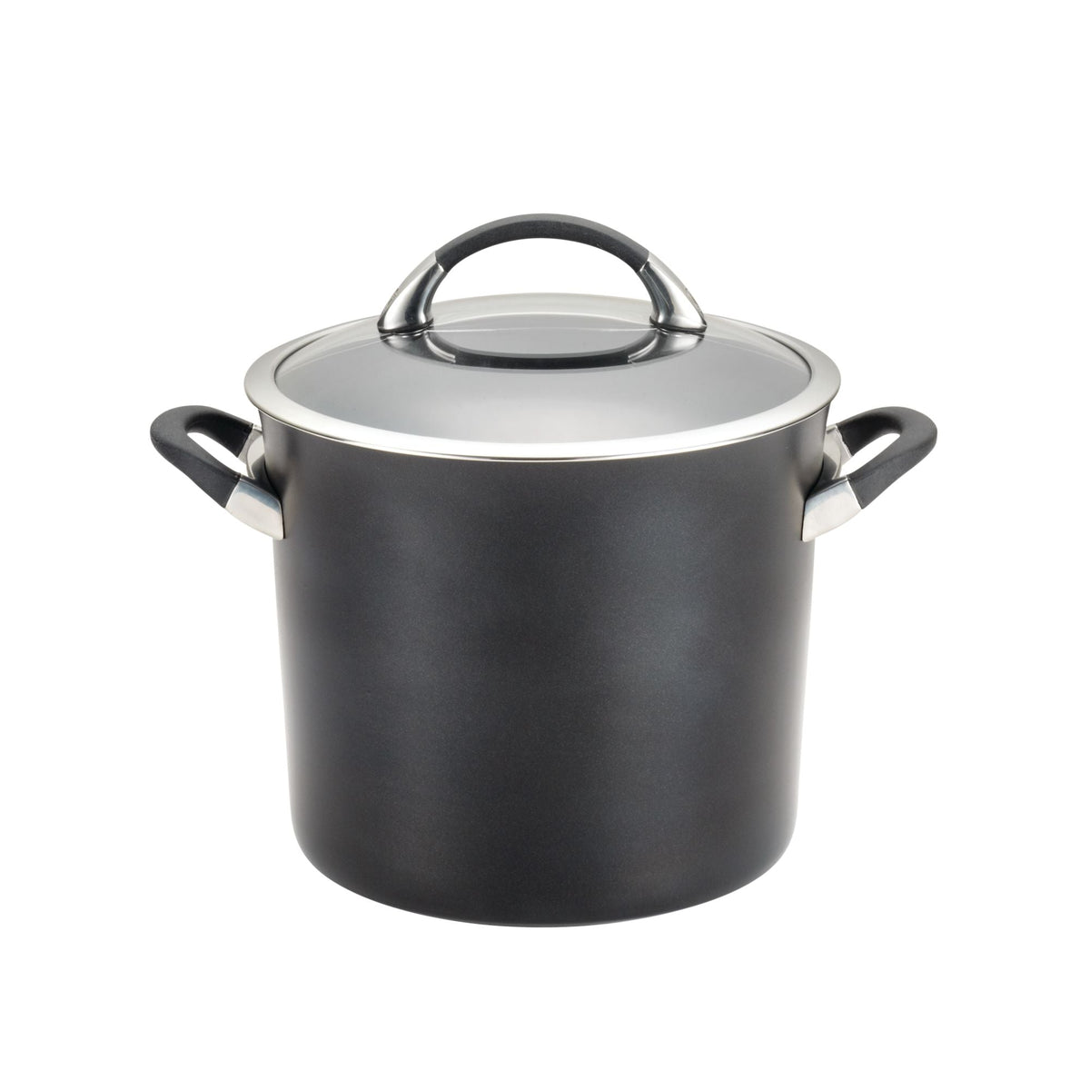 Black cooking pot with a lid and two handles.
