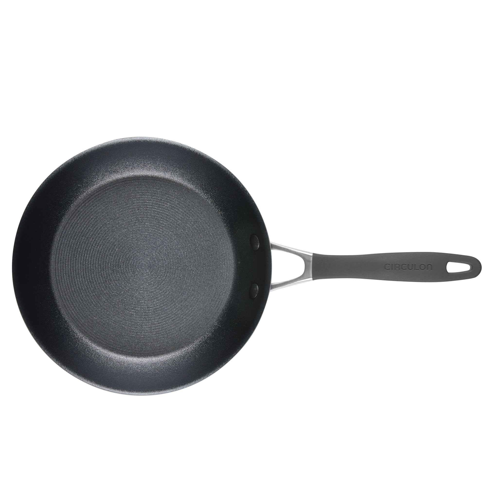 A black nonstick frying pan with a grey handle.