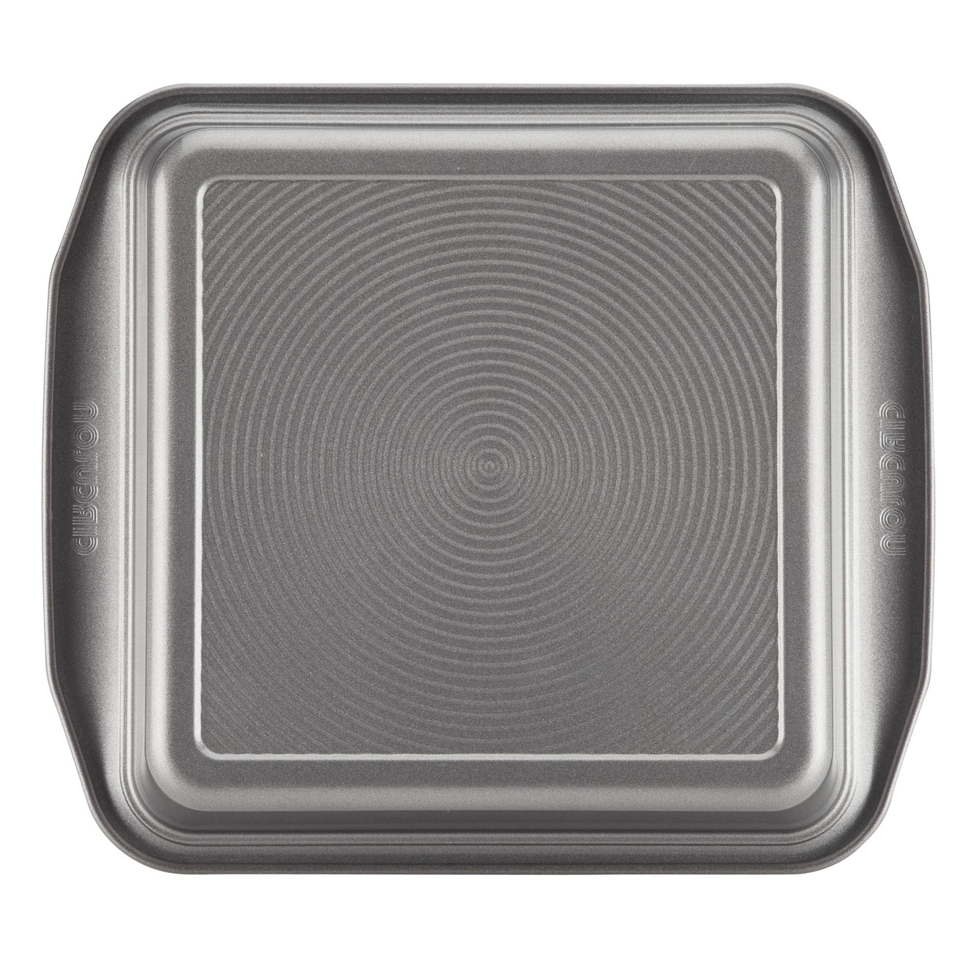 The 9-Inch Nonstick Square Cake Pan features a textured concentric circle pattern and durable steel construction for lasting use. This nonstick baking pan is oven safe, providing consistent results with every bake.