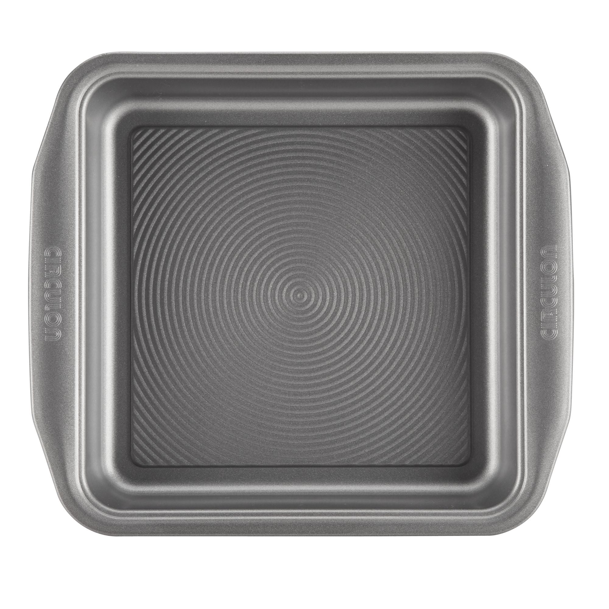 9-Inch Nonstick Square Cake Pan, made from durable steel, features a textured surface and wide handles for a secure grip. Oven safe for various baking needs.
