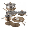 13-Piece ScratchDefense Set: nonstick pots, pans, utensils on a white surface.