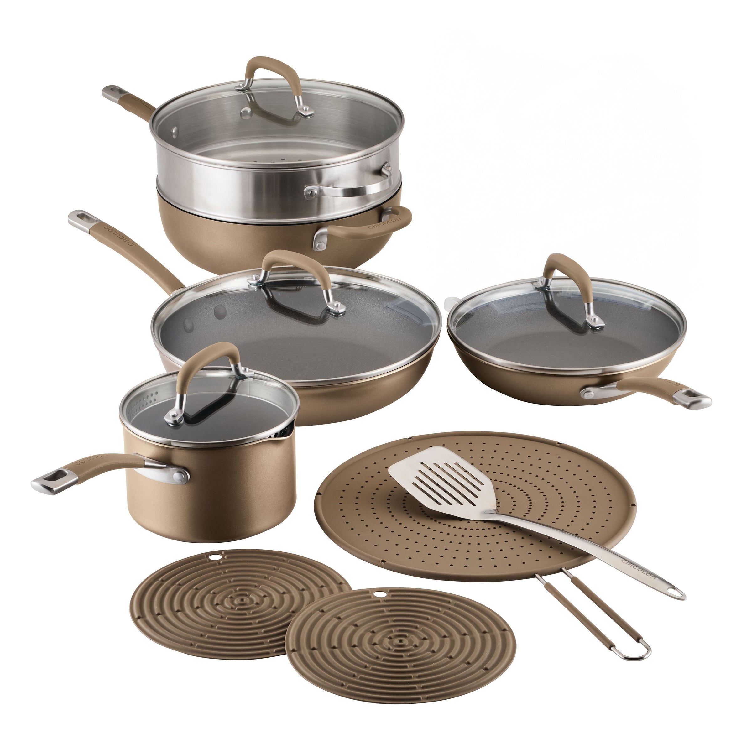 13-Piece ScratchDefense Set: nonstick pots, pans, utensils on a white surface.