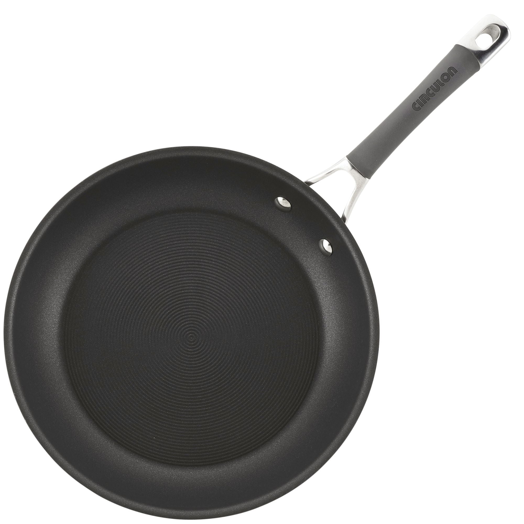 The 3-Piece Nonstick Frying Pan Set boasts hard-anodized construction and includes a frying pan with a textured nonstick surface and a gray handle, making it dishwasher safe for convenient cleaning.