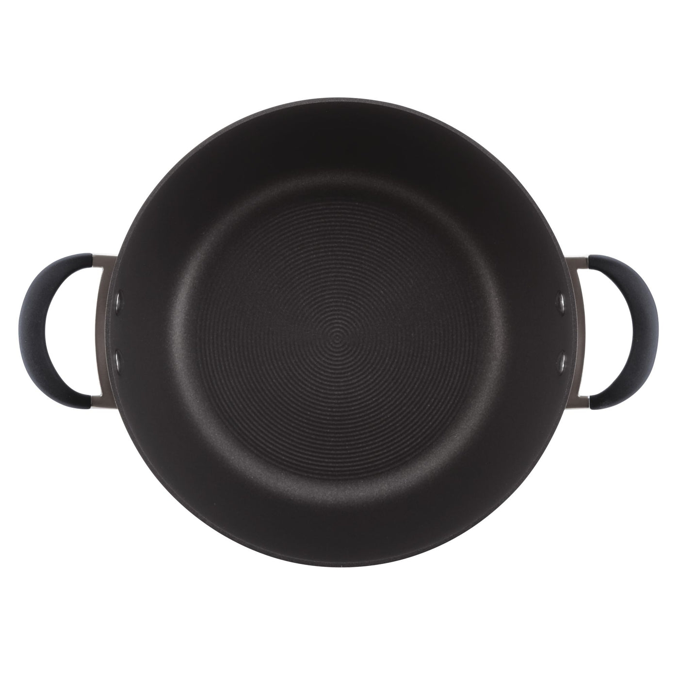 Black non-stick frying pan with two handles on a white background.