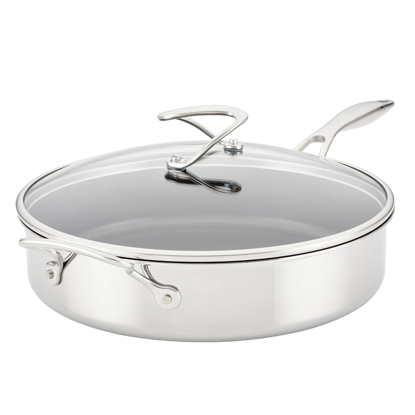 Stainless steel saucepan with a glass lid and two handles.