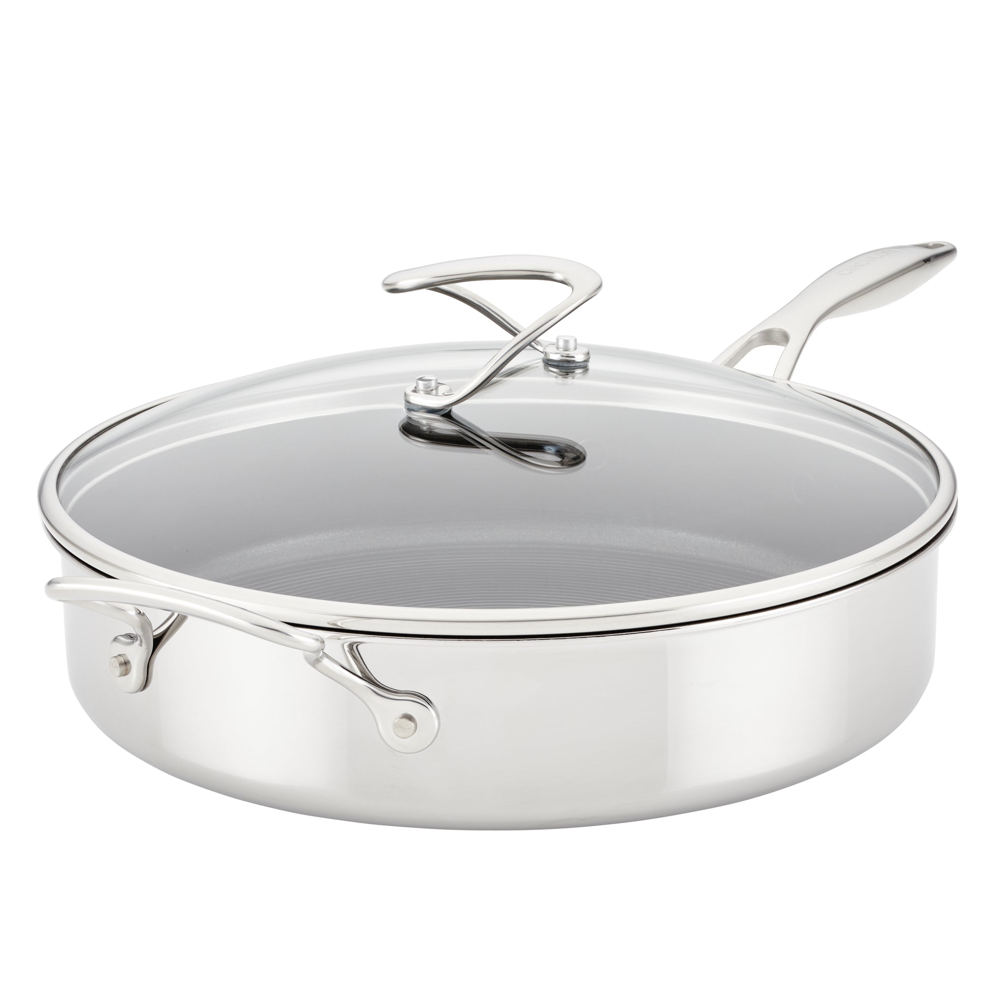 Stainless steel saucepan with a glass lid and two handles.