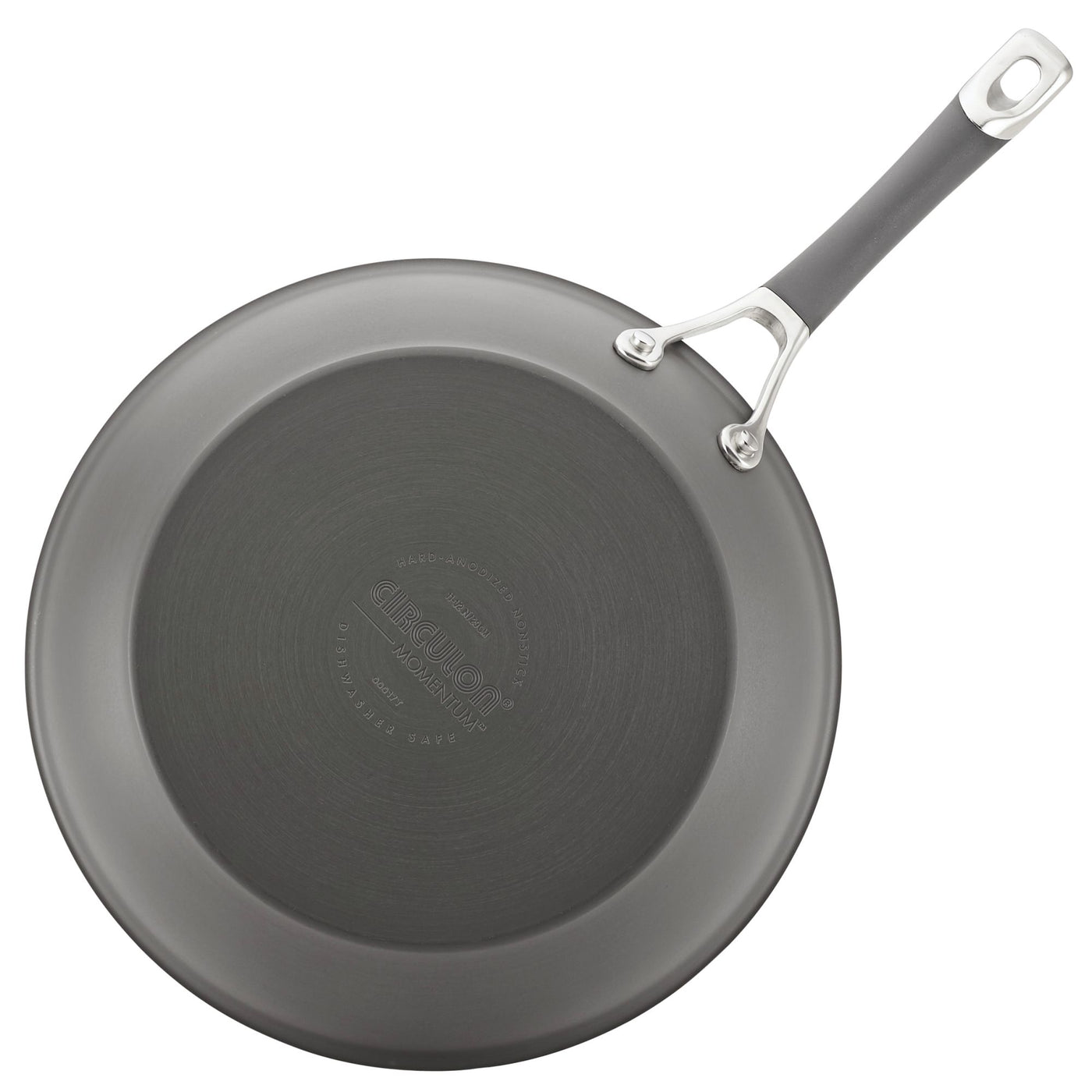 Gray non-stick frying pan with a black handle, viewed from above.