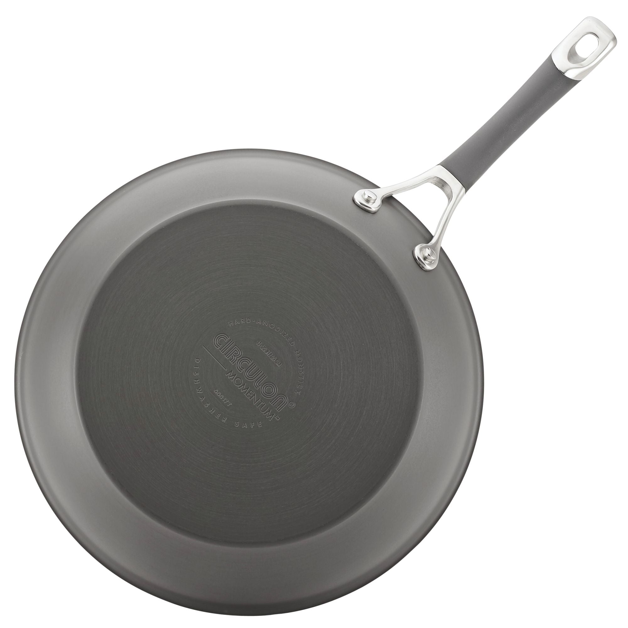 Gray non-stick frying pan with a black handle, viewed from above.