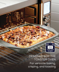 Pastry in toaster oven set with nonstick and temp icon.