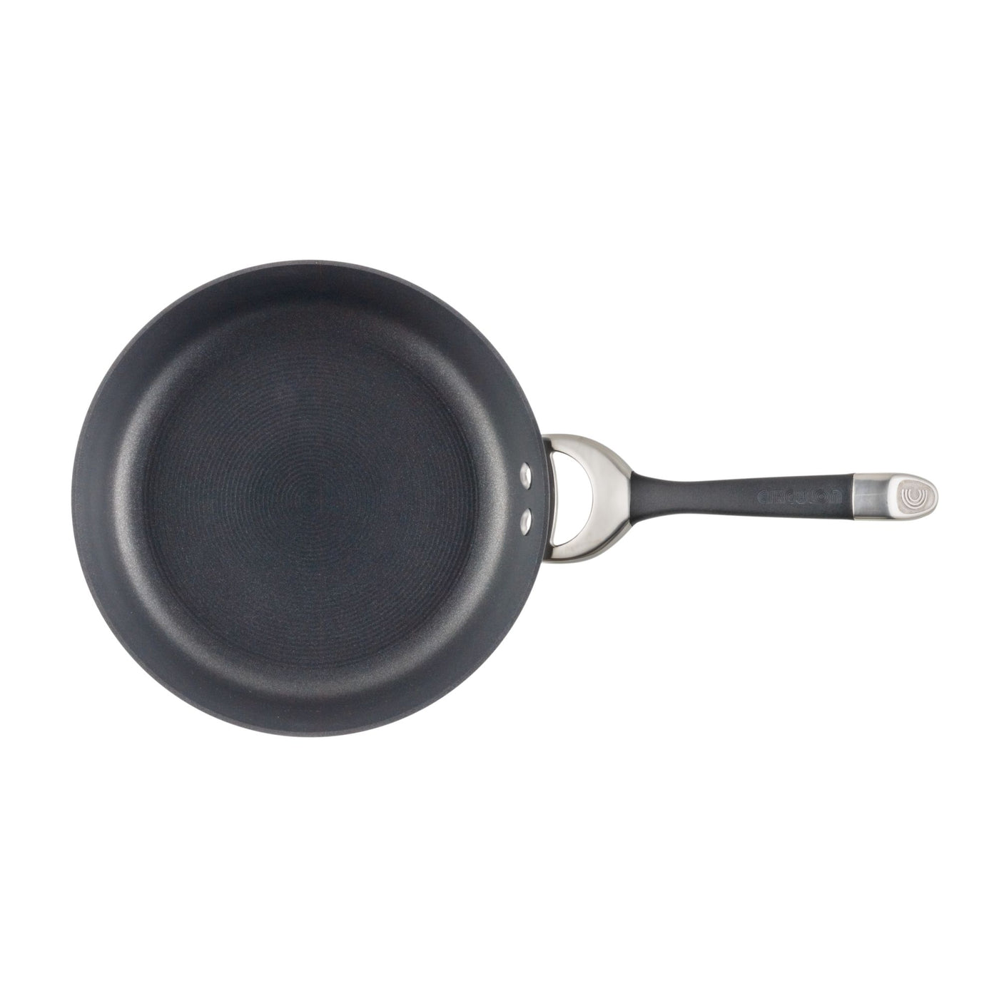 Nonstick frying pan with a metal handle viewed from above.