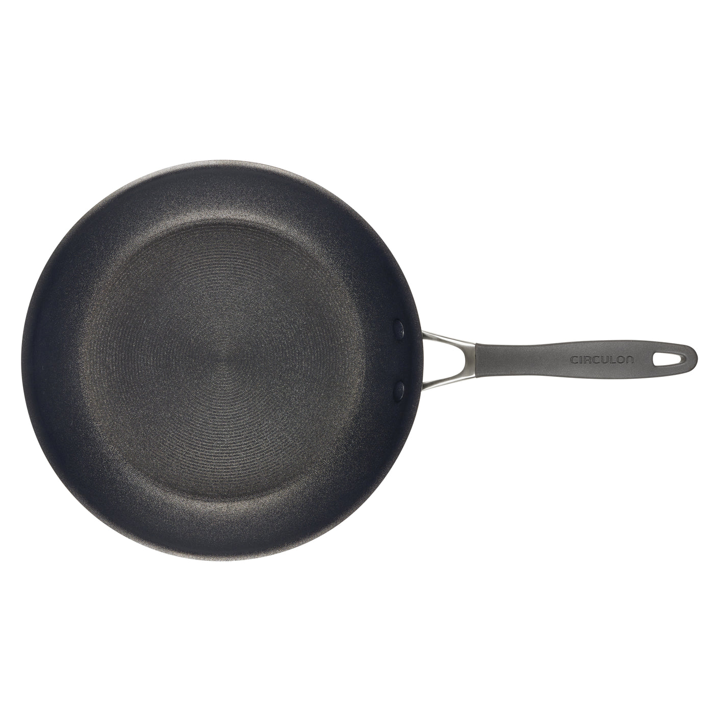 12-Inch ScratchDefense™ Frying Pan with long handle viewed from above.