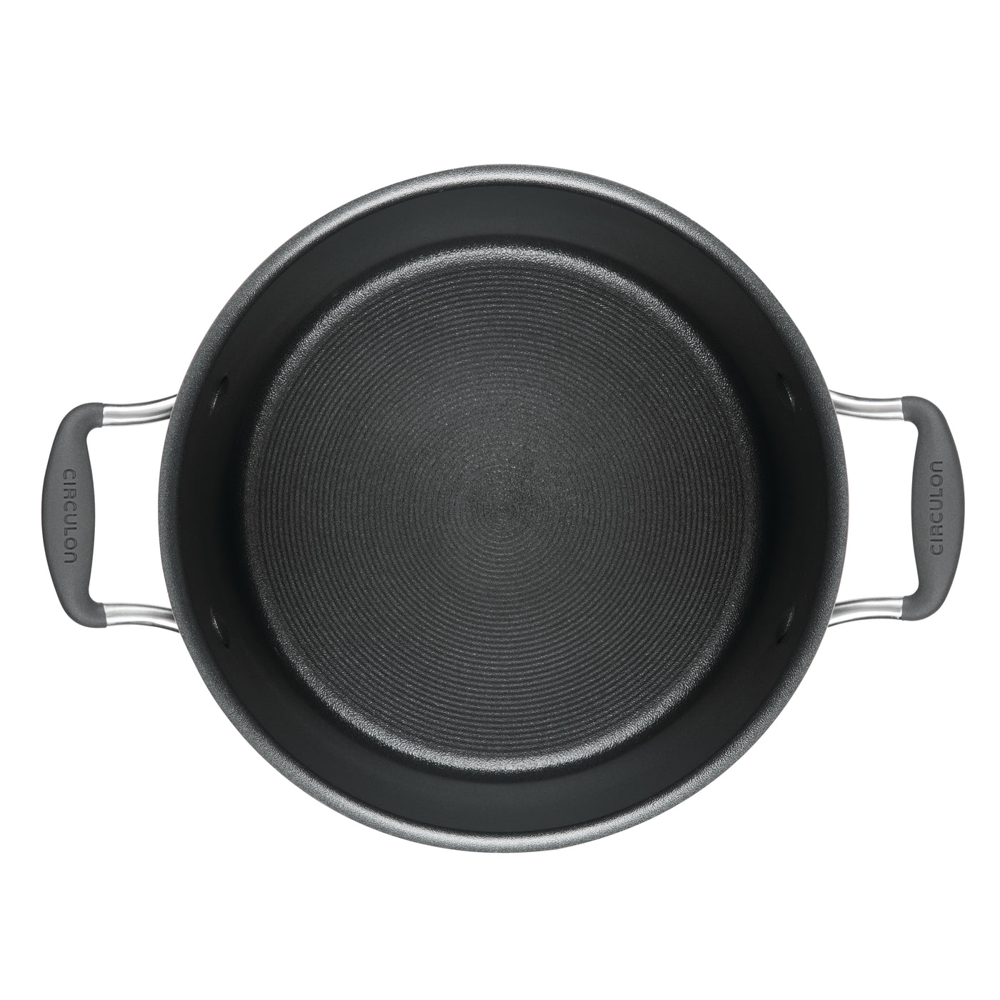 A black 8-quart pot with two handles, ScratchDefense™ nonstick coating.