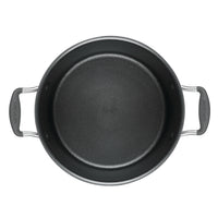 A black 8-quart pot with two handles, ScratchDefense™ nonstick coating.