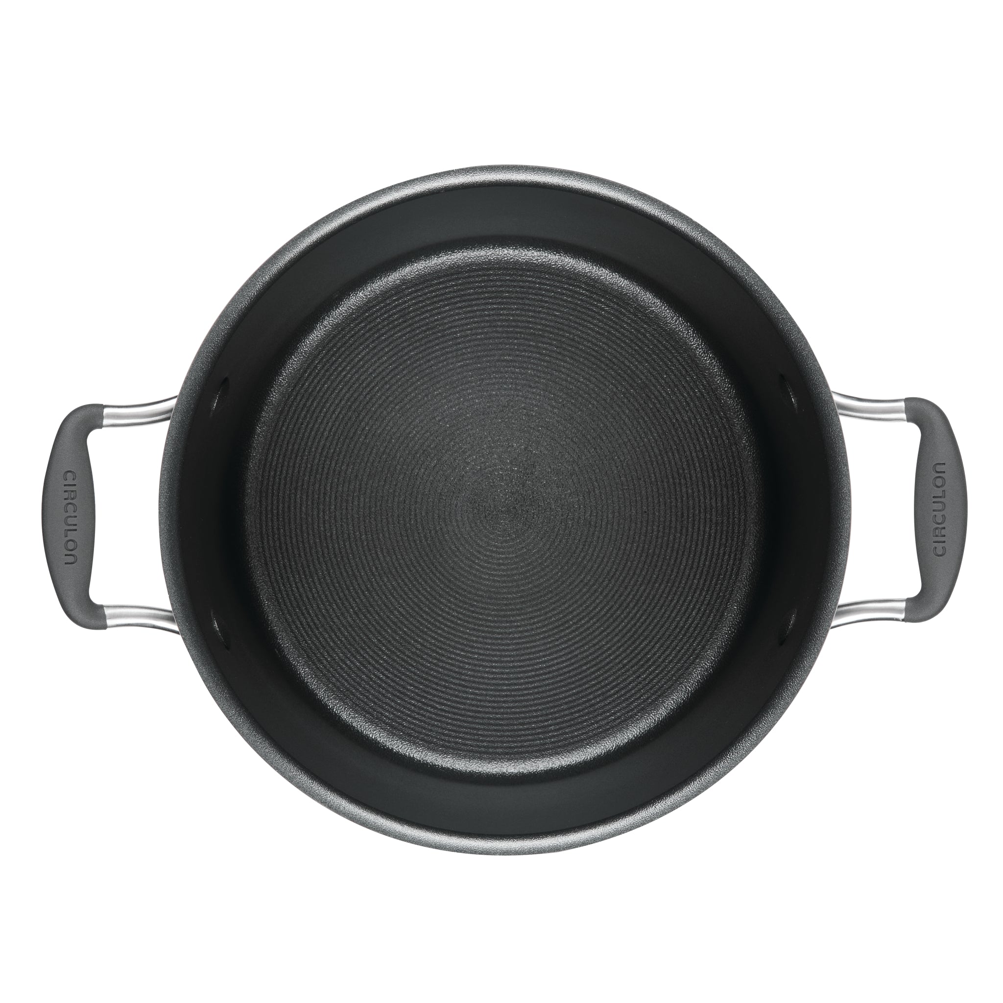A black 8-quart pot with two handles, ScratchDefense™ nonstick coating.