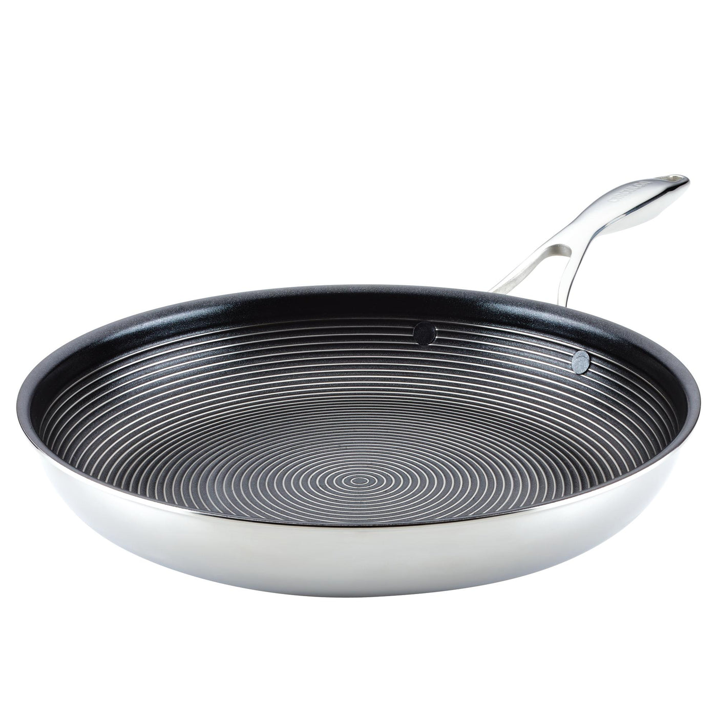 12.5" Open Frying Pan with tri-ply clad stainless steel, non-stick interior, and spiral design.