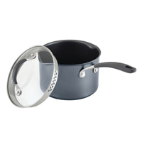 Black saucepan with lid and spout from ScratchDefense™ Nonstick Set.