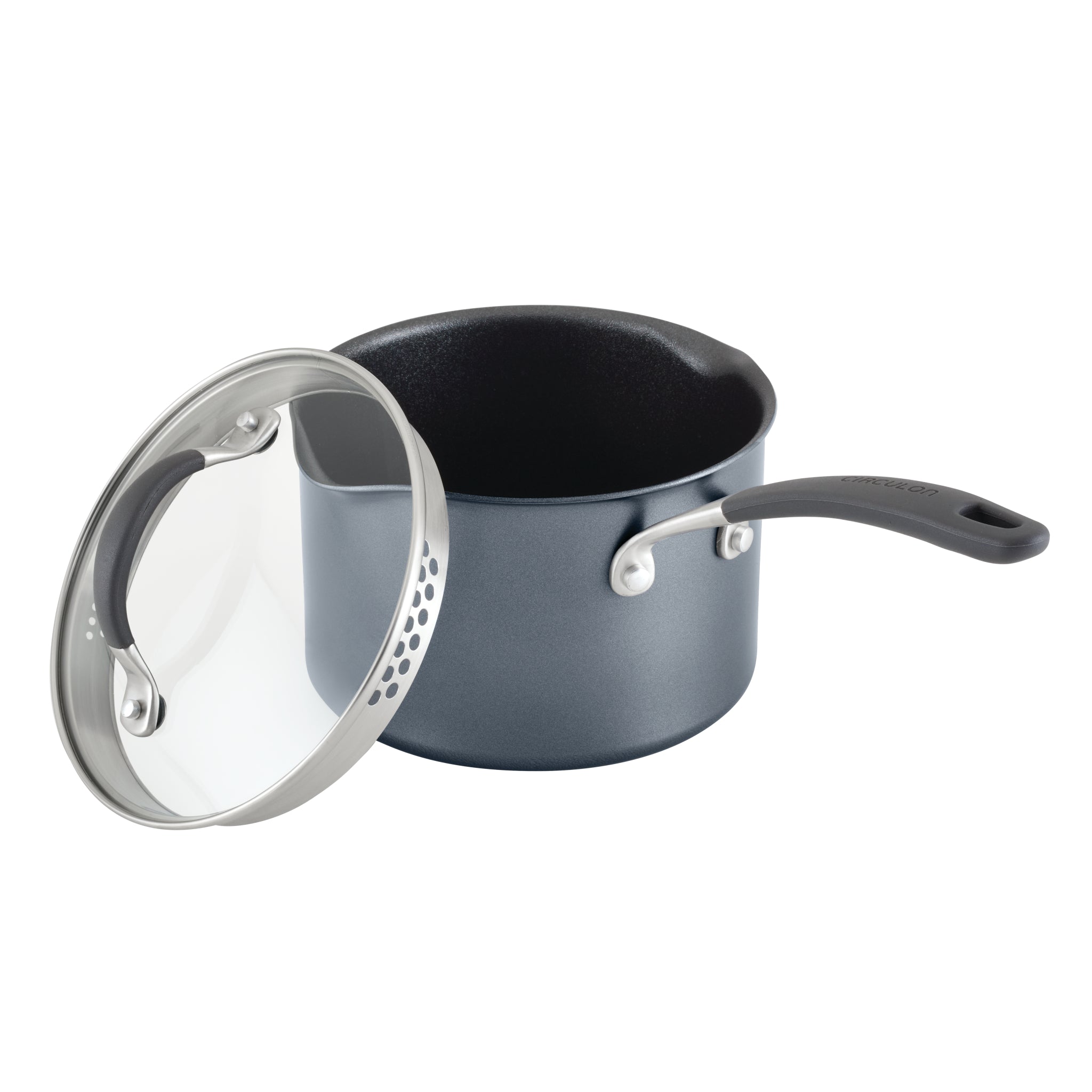 Black saucepan with lid and spout from ScratchDefense™ Nonstick Set.