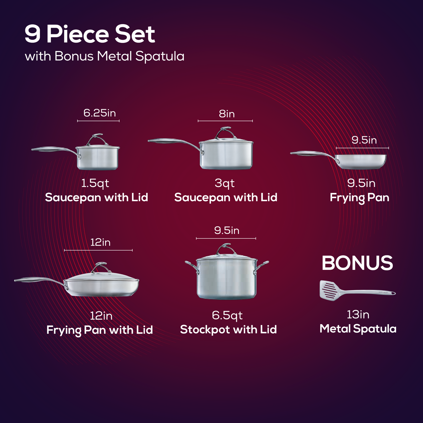 10-Piece Hybrid Cookware Set with lids and bonus 13-inch spatula.
