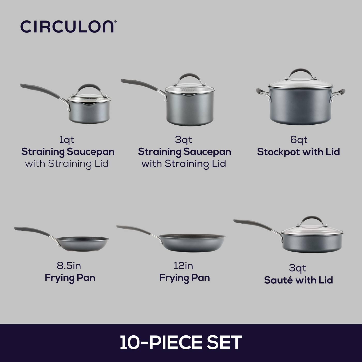 10-Piece ScratchDefense™ Nonstick Cookware Set, including pots and pans.