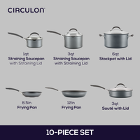 10-Piece ScratchDefense™ Nonstick Cookware Set, including pots and pans.